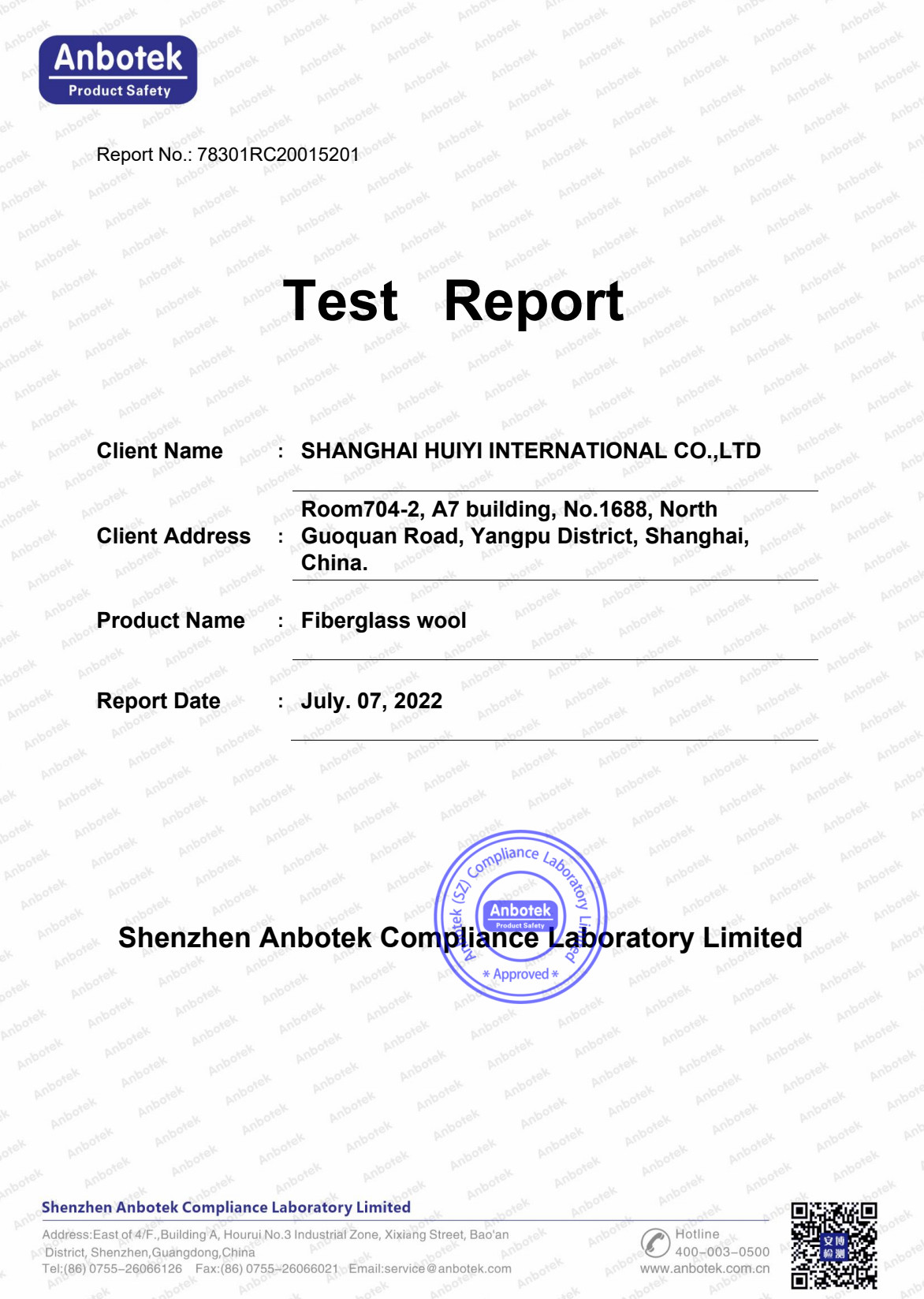 China Shanghai Huiyi International Co., Ltd. Certification